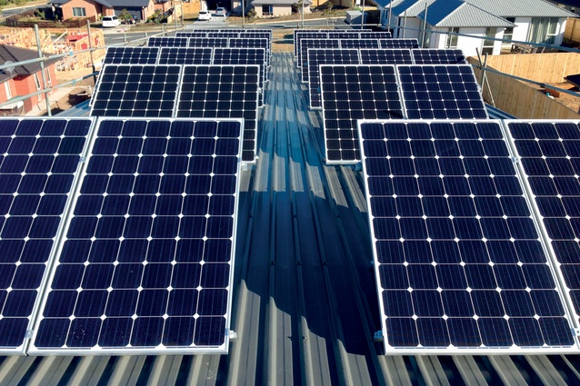 Two banks of photovoltaic panels produce up to twice the energy needs of the house.