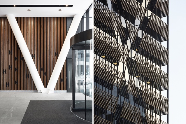 Ground-floor entry lobby with a wall of oak, distinctively detailed; the north elevation is heavily louvred to provide shade but is still reflective of the diagrid behind.