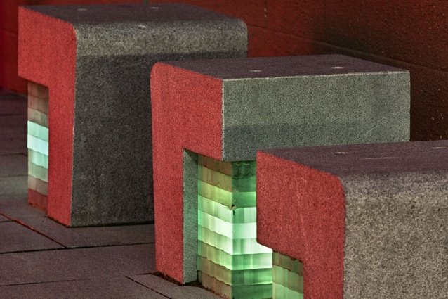 Soda Lane – a newly activated 1.6m wide laneway features lighting seat blocks made with glass recycled from the old Napier aquarium.