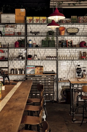 View to back wall storage. Tables to the right are on tracks and can be pushed together with ease.